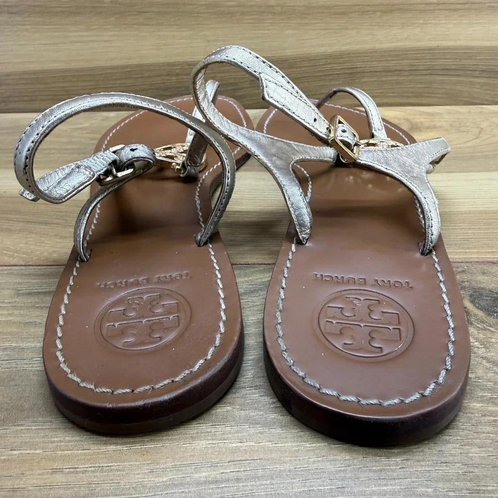 Tory Burch Gold T Strap Sandals Womens 11 M Leather Rhinestones Chic Travel